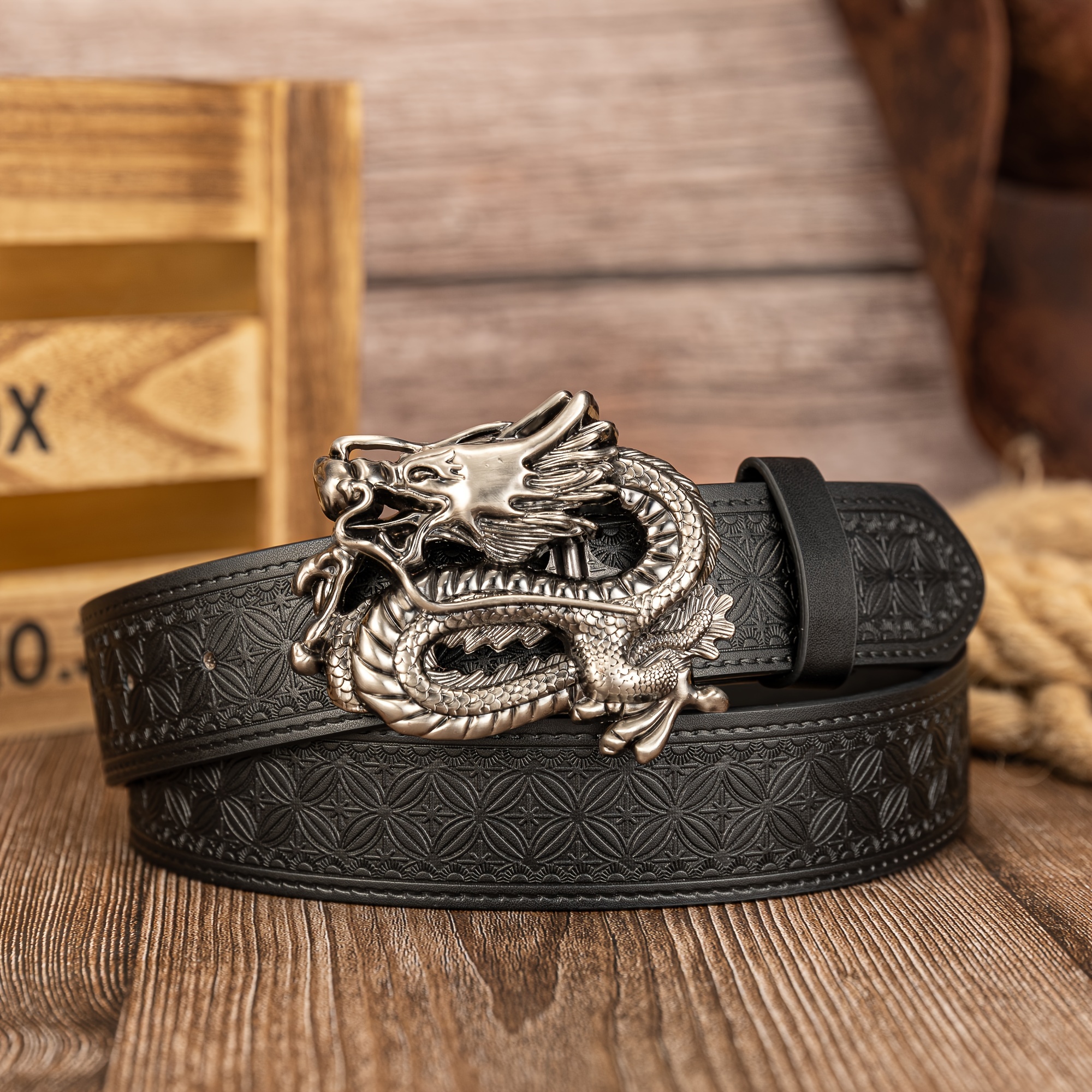 Men's 3D Dragon Buckle PU Leather Belt Embossed Pattern Funky Style